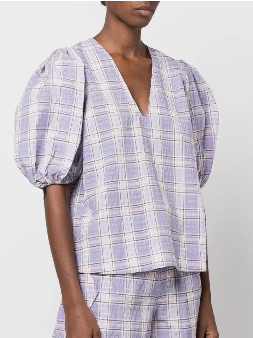 Ganni Plaid Seersucker Top in Lavender